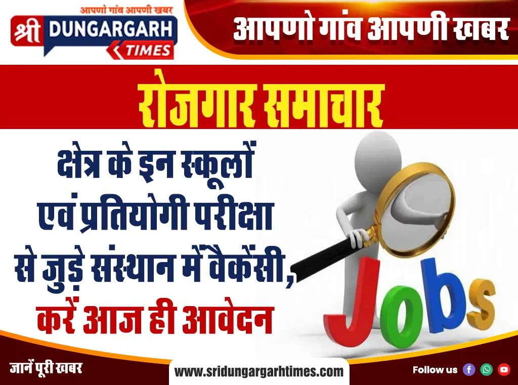 क्षेत्र के इन स्कूलों एवं प्रतियोगी परीक्षा से जुड़े संस्थान में वैकेंसी, करें आज ही आवेदन