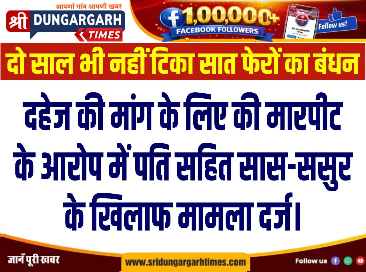 दहेज की मांग के लिए की मारपीट के आरोप में पति सहित सास-ससुर के खिलाफ मामला दर्ज।