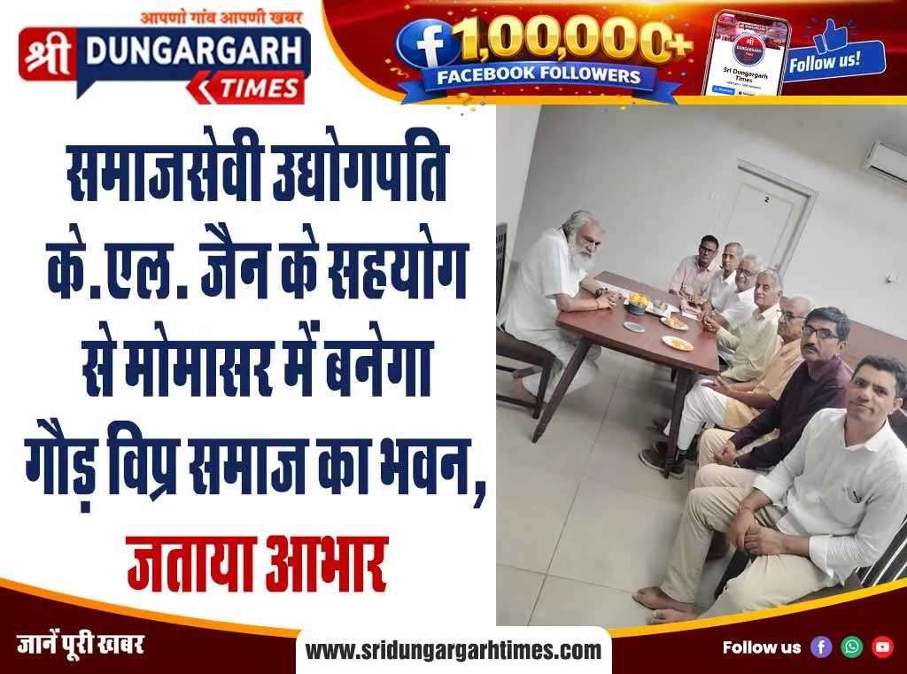 समाजसेवी उद्योगपति के.एल. जैन के सहयोग से मोमासर में बनेगा गौड़ विप्र समाज का भवन, जताया आभार