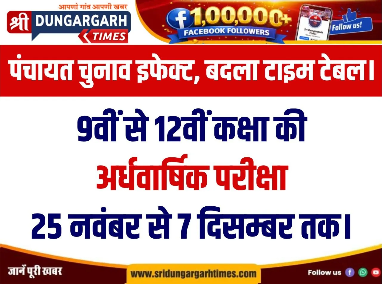 9वीं से 12वीं कक्षा की अर्धवार्षिक परीक्षा 25 नवंबर से 7 दिसम्बर तक।