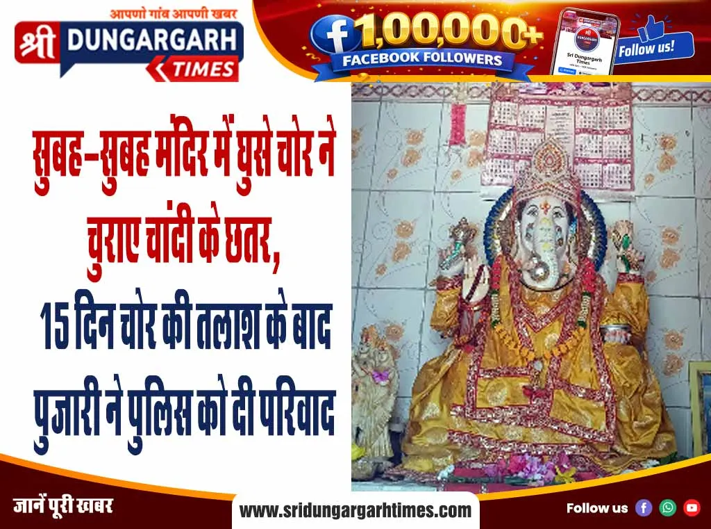 सुबह-सुबह मंदिर में घुसे चोर ने चुराए चांदी के छतर, 15 दिन चोर की तलाश के बाद पुजारी ने पुलिस को दी परिवाद