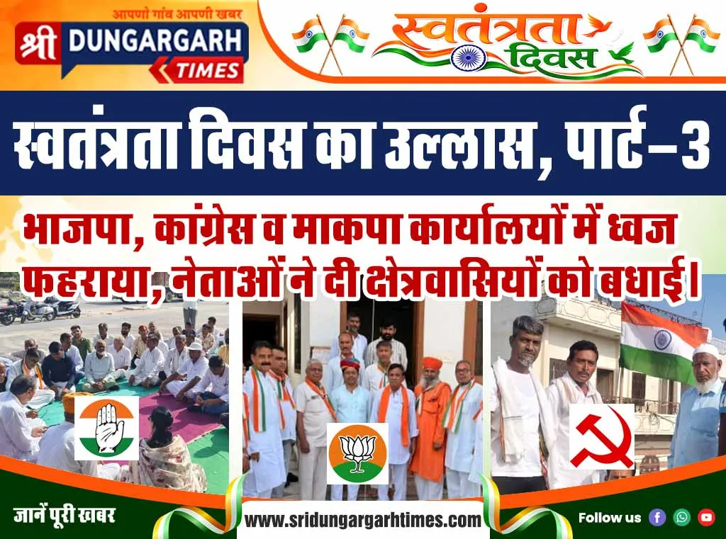 भाजपा, कांग्रेस व माकपा कार्यालयों में ध्वज फहराया, नेताओं ने दी क्षेत्रवासियों को बधाई।