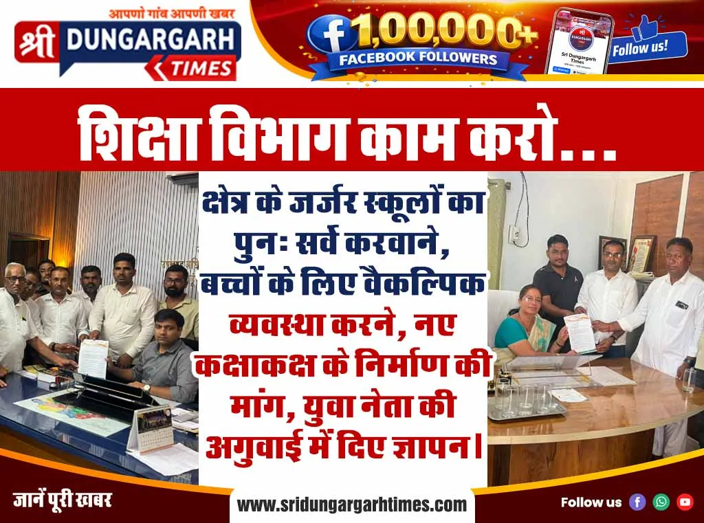 क्षेत्र के जर्जर स्कूलों का पुन: सर्वे करवाने, बच्चों के लिए वैकल्पिक व्यवस्था करने, नए कक्षाकक्ष के निर्माण की मांग, युवा नेता की अगुवाई में दिए ज्ञापन