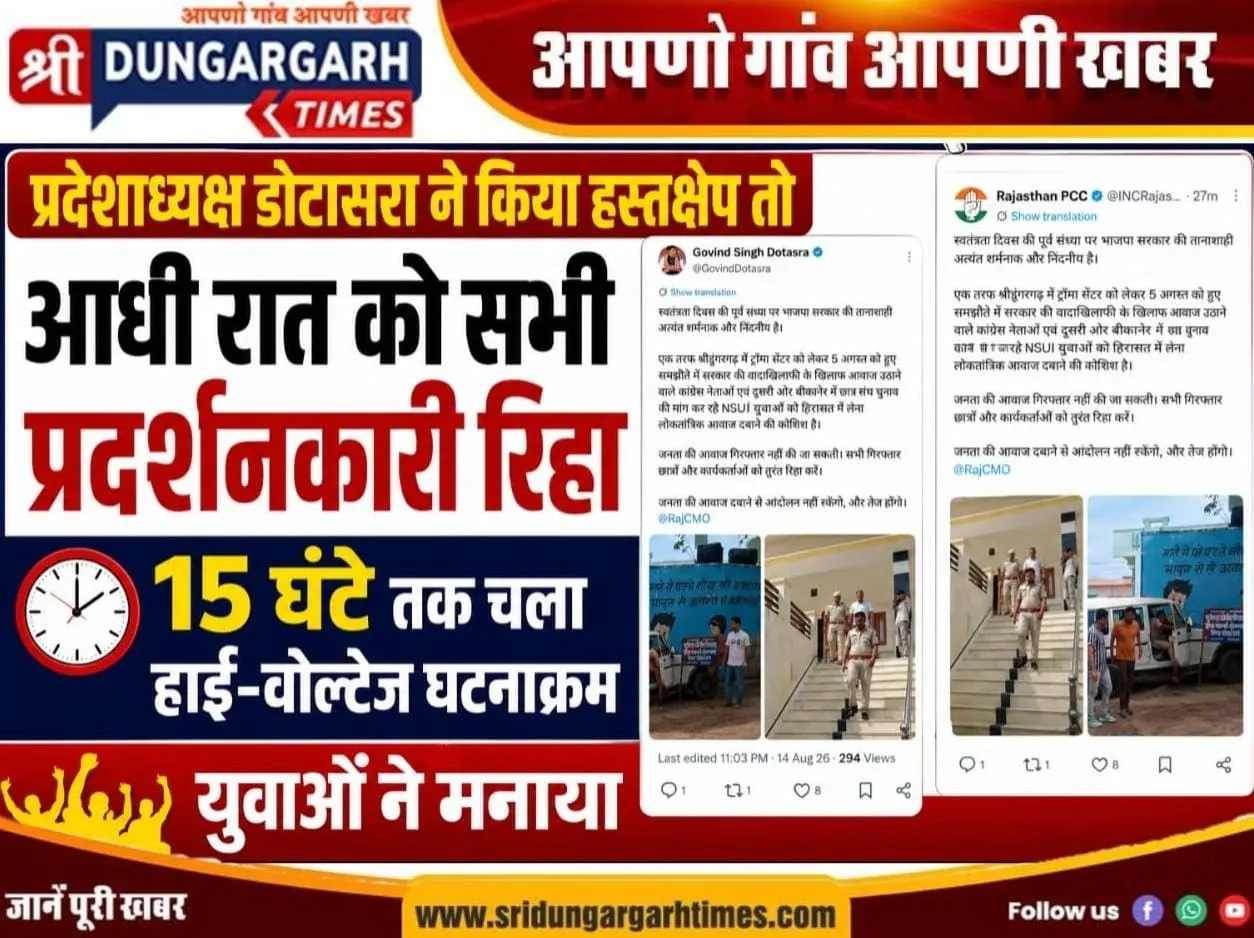 प्रदेशाध्यक्ष डोटासरा ने किया हस्तक्षेप तो आधी रात को सभी प्रदर्शनकारी रिहा, 15 घंटो तक चला घटनाक्रम, युवाओं ने मनाया जश्न।