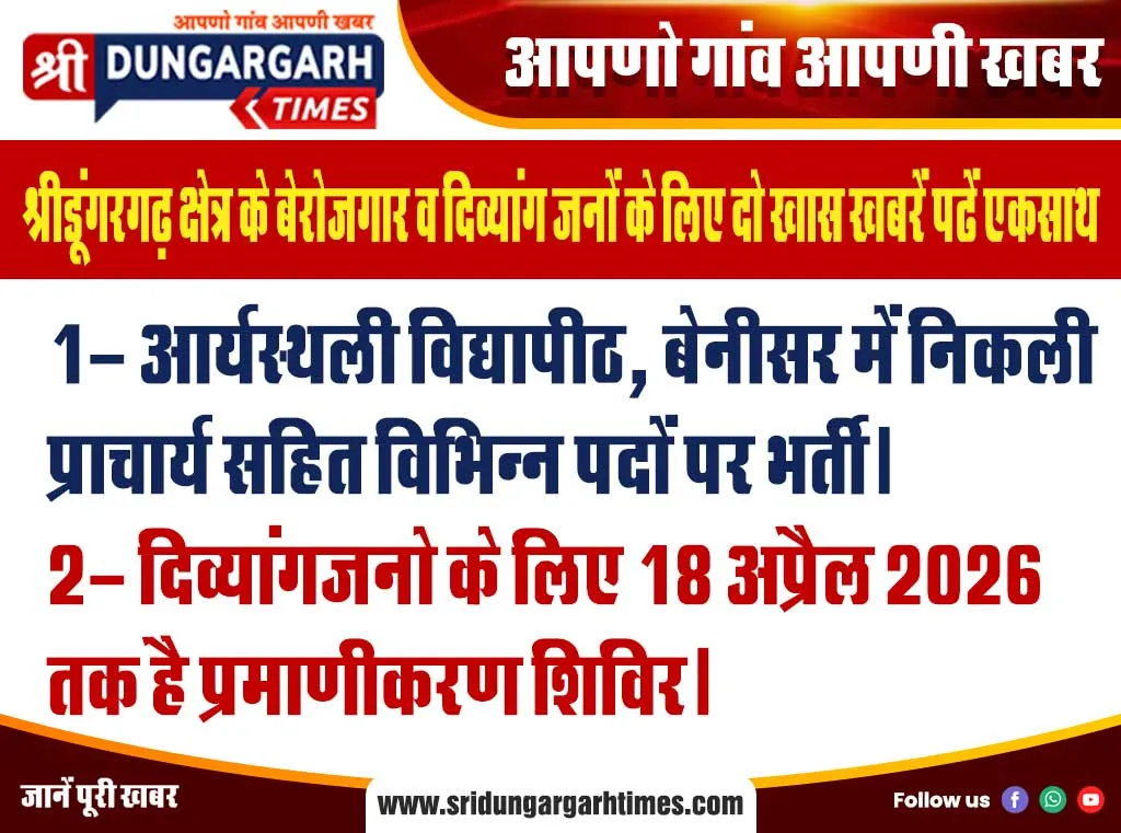 श्रीडूंगरगढ़ क्षेत्र के बेरोजगार व दिव्यांग जनों के लिए दो खास खबरें पढें एकसाथ