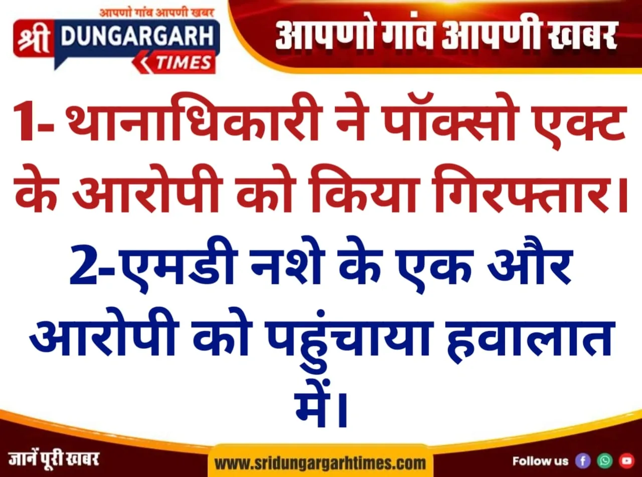 पॉक्सो व एमडी नशे के दो मामलों में थानाधिकारी ने दो आरोपियों को पहुंचाया हवालात में, पढें पूरी खबर।