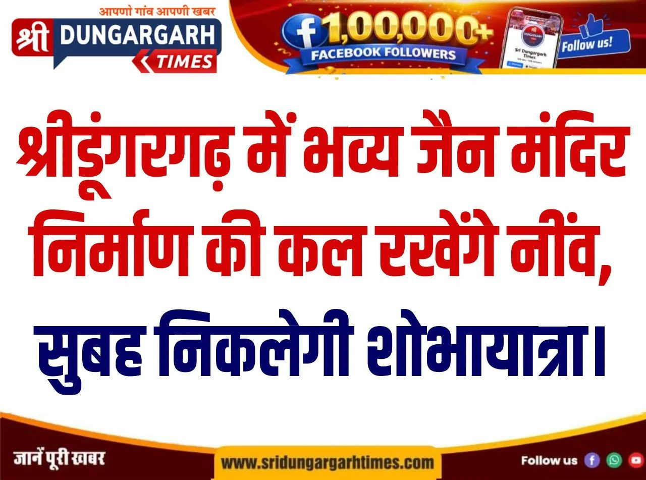 श्रीडूंगरगढ़ में भव्य जैन मंदिर निर्माण की कल रखेंगे नींव, सुबह निकलेगी शोभायात्रा।