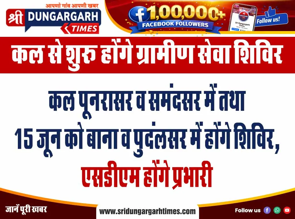 कल पूनरासर व समंदसर में तथा 15 जून को बाना व पुदंलसर में होंगे शिविर, एसडीएम होंगे प्रभारी