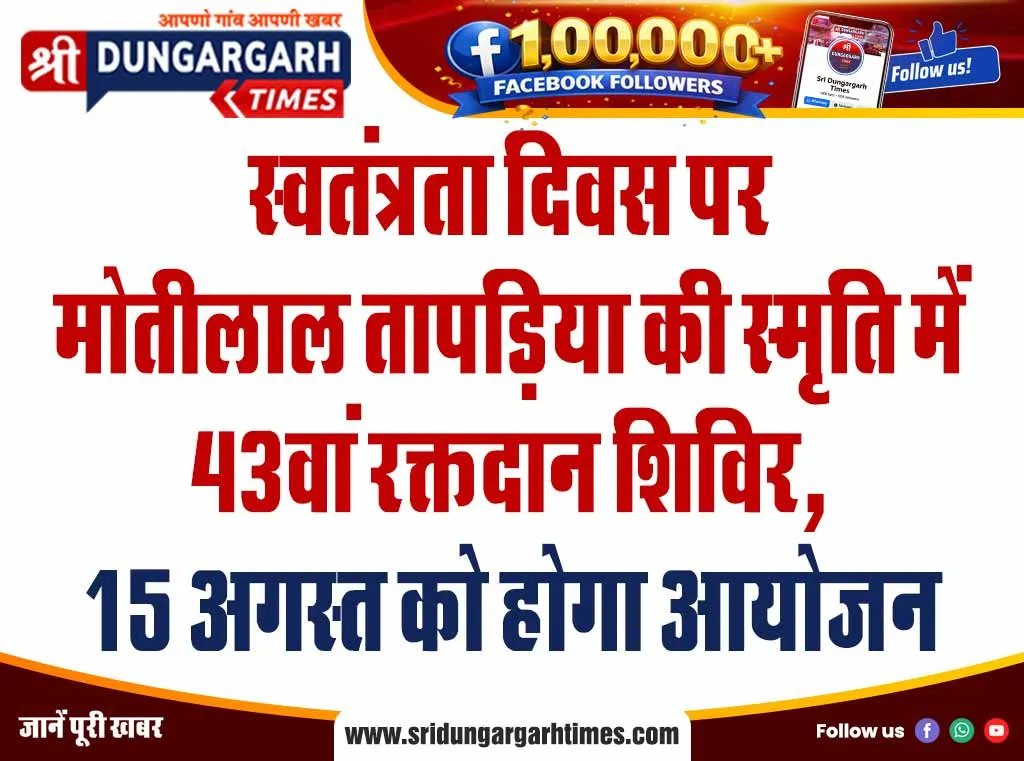 स्वतंत्रता दिवस पर मोतीलाल तापड़िया की स्मृति में 43वां रक्तदान शिविर, 15 अगस्त को होगा आयोजन