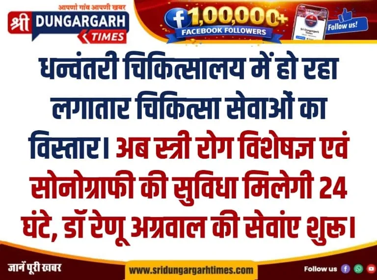 अब स्त्री रोग विशेषज्ञ एवं सोनोग्राफी की सुविधा मिलेगी 24 घंटे, डॉ रेणू अग्रवाल की सेवांए शुरू।