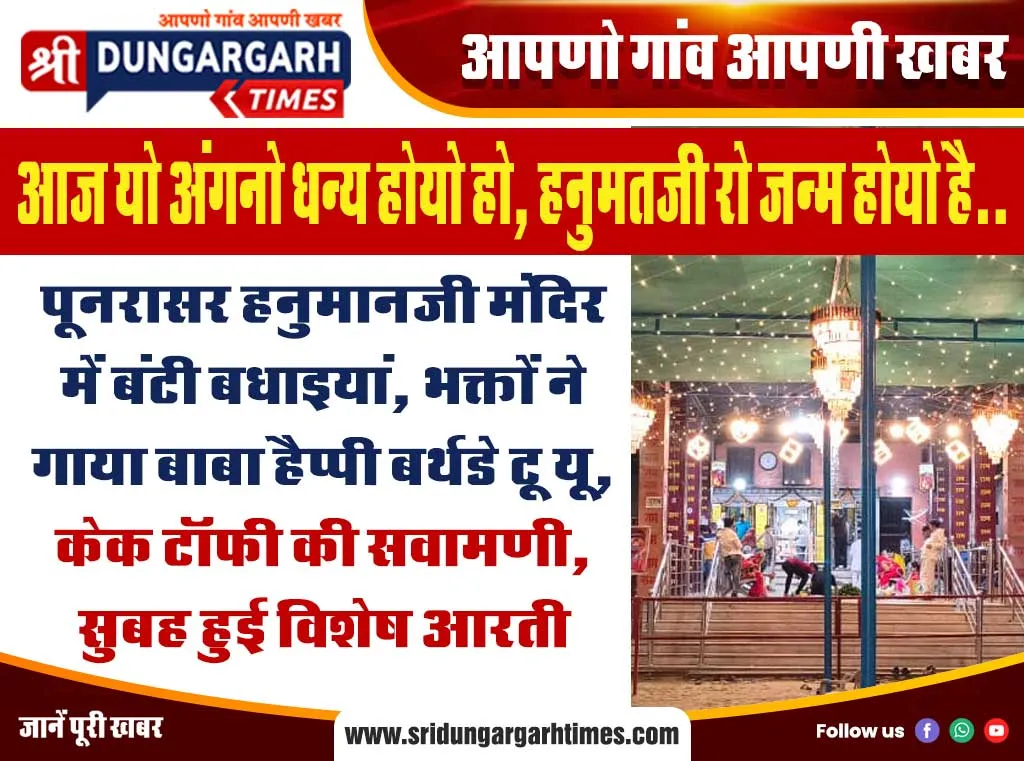 पूनरासर हनुमानजी मंदिर में बंटी बधाइयां, भक्तों ने गाया बाबा हैप्पी बर्थडे टू यू, केक टॉफी की सवामणी, सुबह हुई विशेष आरती