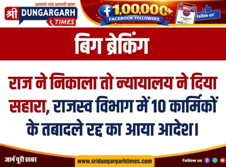 राजस्व विभाग में 10 कार्मिकों के तबादले रद्द का आया आदेश।