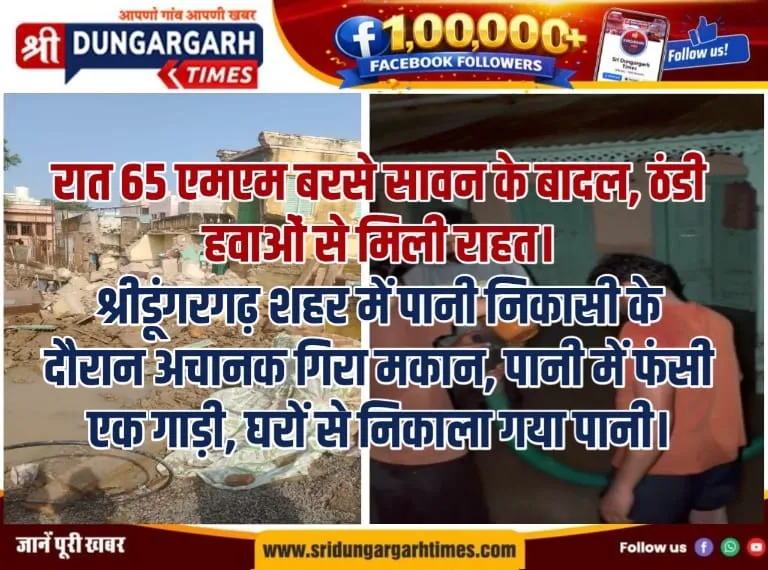 श्रीडूंगरगढ़ शहर में पानी निकासी के दौरान अचानक गिरा मकान, पानी में फंसी एक गाड़ी, घरों से निकाला गया पानी।