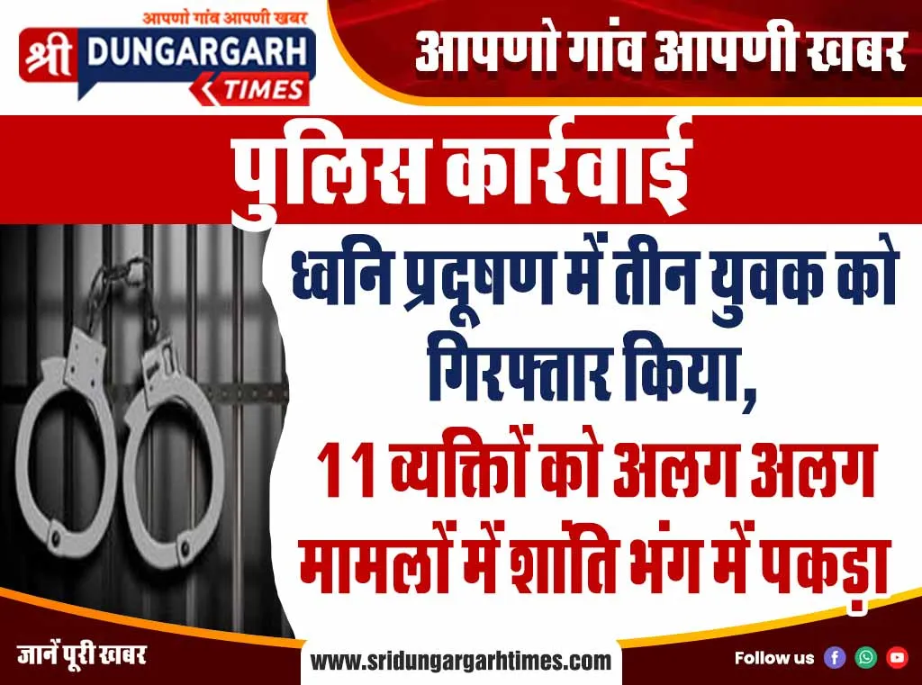 ध्वनि प्रदूषण में तीन युवक को गिरफ्तार किया, 11 व्यक्तिों को अलग अलग मामलों में शांति भंग में पकड़ा