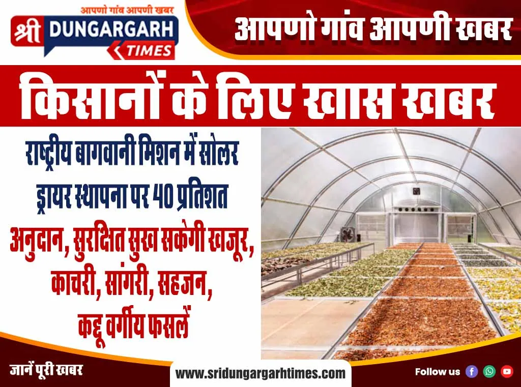 राष्ट्रीय बागवानी मिशन में सोलर ड्रायर स्थापना पर 40 प्रतिशत अनुदान, सुरक्षित सुख सकेगी खजूर, काचरी, सांगरी, सहजन, कद्दू वर्गीय फसलें