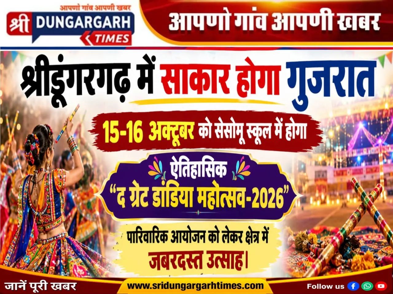 15-16 अक्टूबर को सेसोमू स्कूल में होगा ऐतिहासिक “द ग्रेट डांडिया महोत्सव-2026” पारिवारिक आयोजन को लेकर क्षेत्र में जबरदस्त उत्साह।