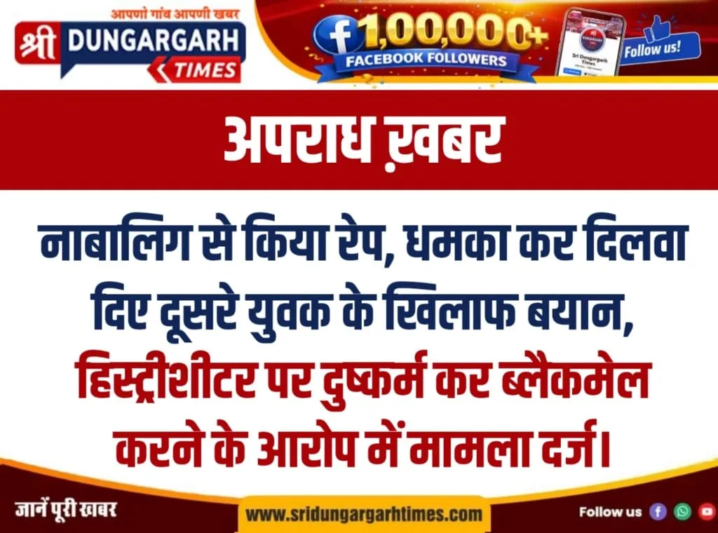 नाबालिग से किया रेप, धमका कर दिलवा दिए दूसरे युवक के खिलाफ बयान, हिस्ट्रीशीटर पर दुष्कर्म कर ब्लैकमेल करने के आरोप में मामला दर्ज।