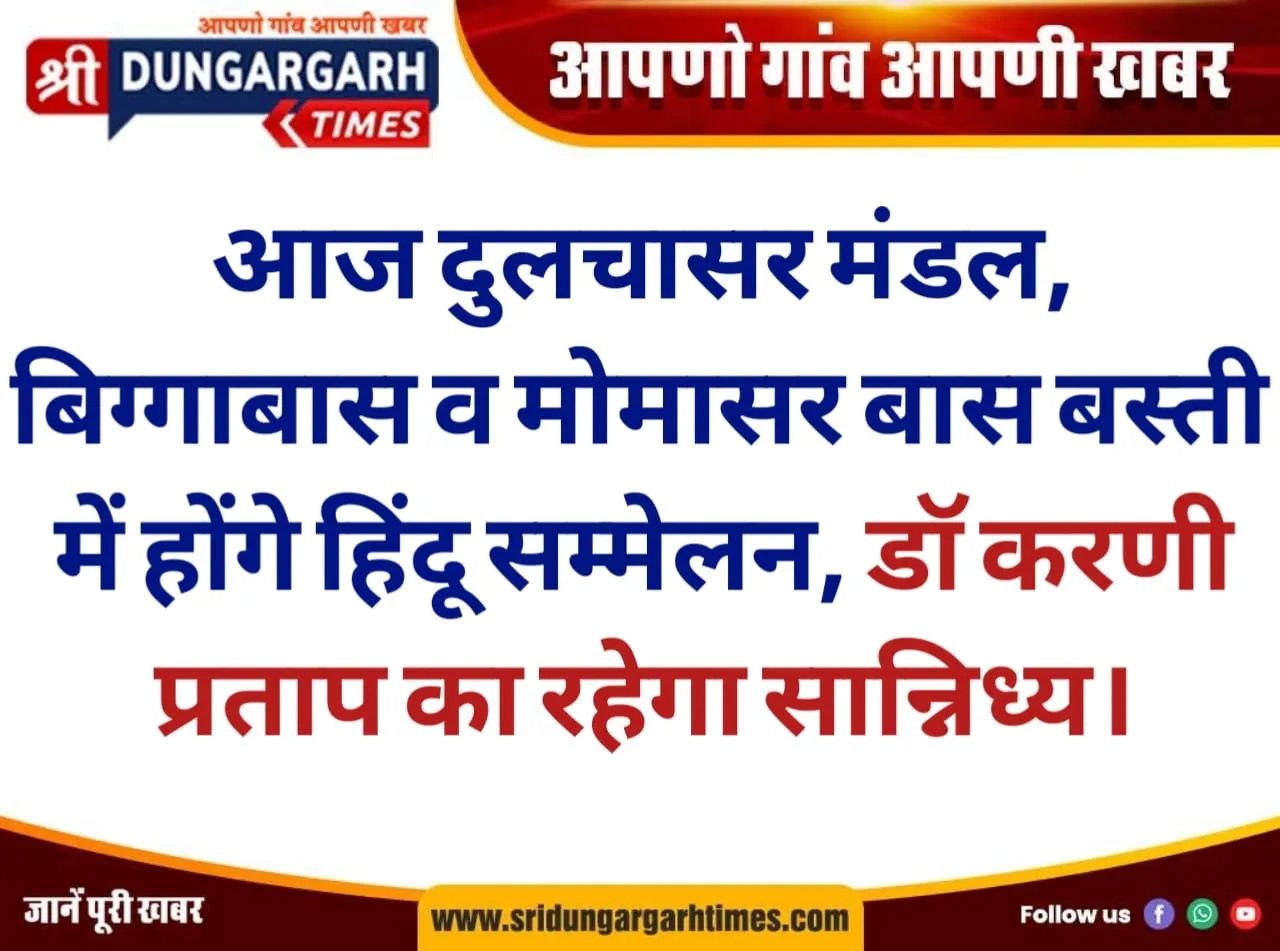 आज दुलचासर मंडल, बिग्गाबास व मोमासर बास बस्ती में होंगे हिंदू सम्मेलन, डॉ करणी प्रताप का रहेगा सान्निध्य।
