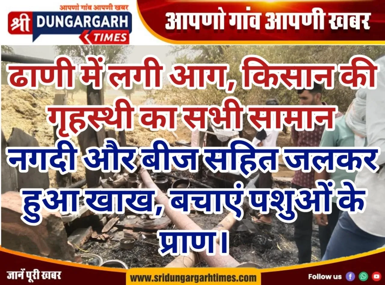 ढाणी में लगी आग, किसान की गृहस्थी का सभी सामान, नगदी और बीज सहित जलकर हुआ खाख, बचाएं पशुओं के प्राण।