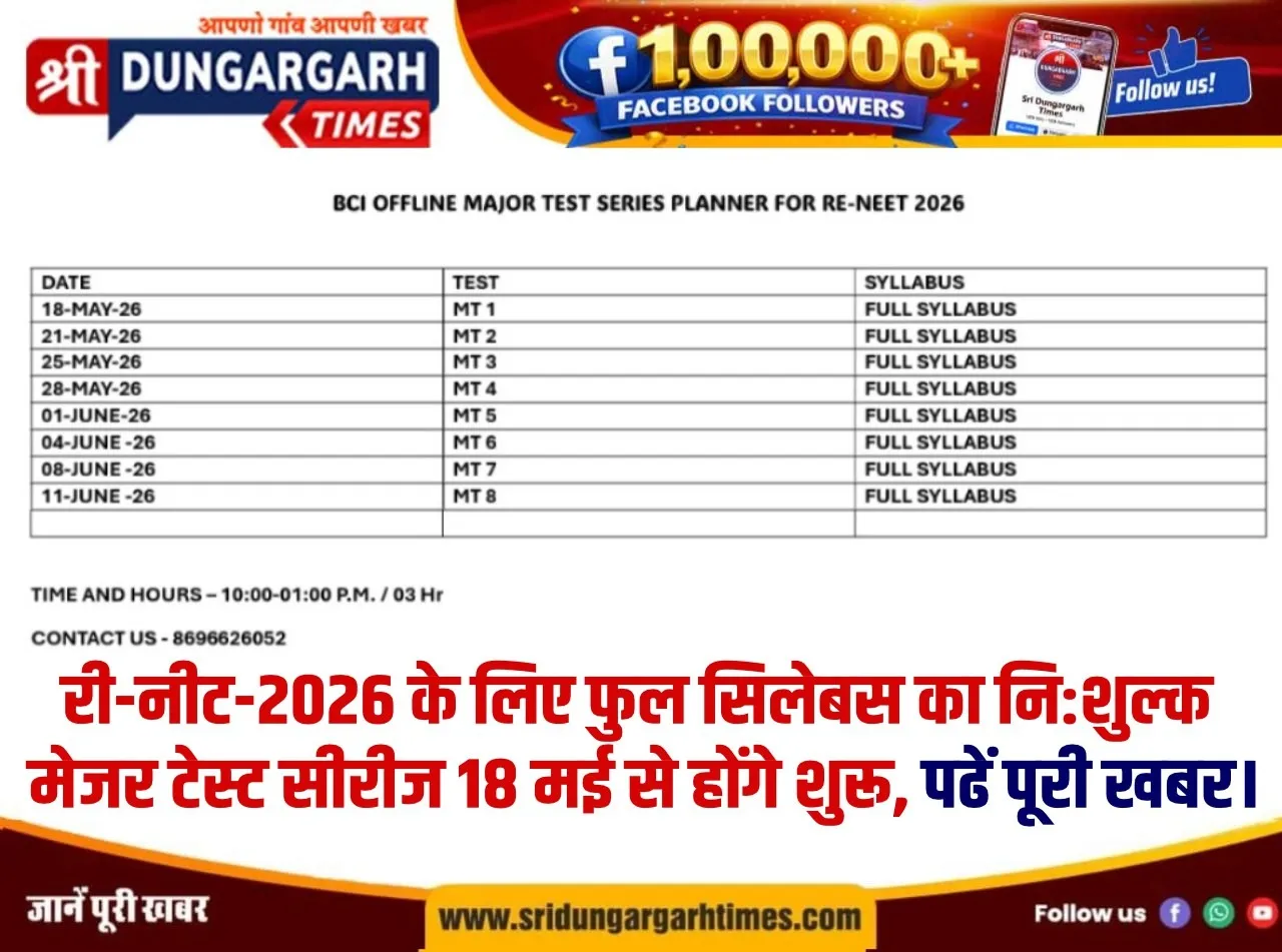 री-नीट-2026 के लिए फुल सिलेबस का नि:शुल्क मेजर टेस्ट सीरीज 18 मई से होंगे शुरू, पढें पूरी खबर।