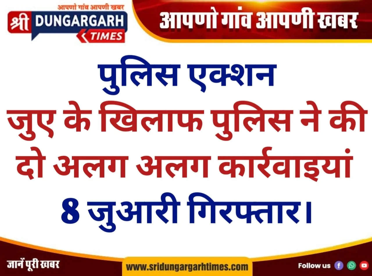 जुए के खिलाफ पुलिस ने की दो अलग अलग कार्रवाइयां, 8 जुआरी गिरफ्तार।