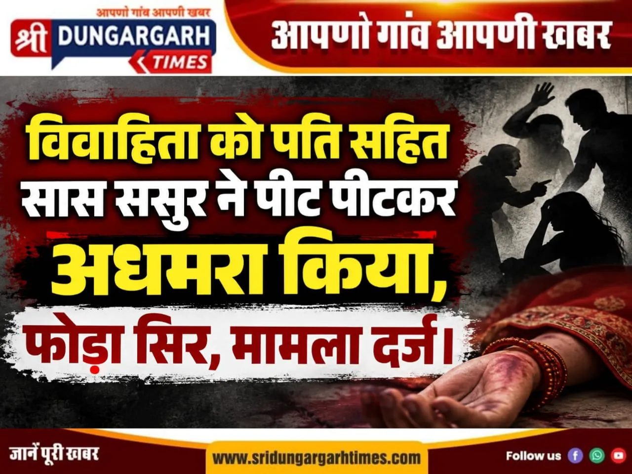 विवाहिता को पति सहित सास ससुर ने पीट पीटकर अधमरा किया, फोड़ा सिर, मामला दर्ज।