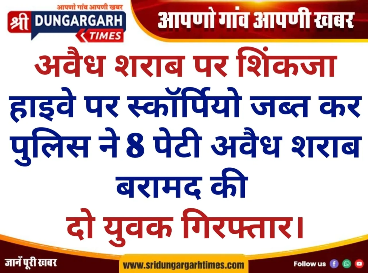 हाइवे पर स्कॉर्पियो जब्त कर पुलिस ने 8 पेटी अवैध शराब बरामद की, दो युवक गिरफ्तार।