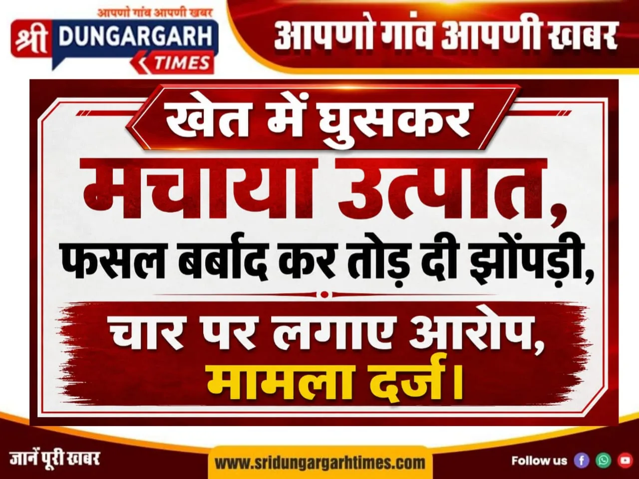 खेत में घुसकर मचाया उत्पात, फसल बर्बाद कर तोड़ दी झोंपड़ी, चार पर लगाए आरोप, मामला दर्ज।