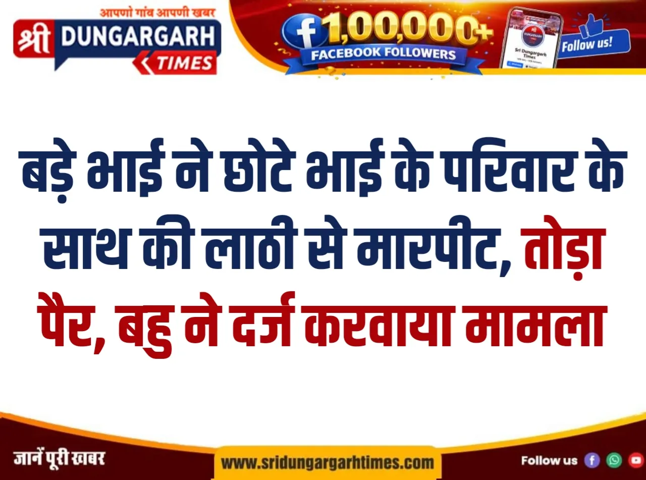 बड़े भाई ने छोटे भाई के परिवार के साथ की लाठी से मारपीट, तोड़ा पैर, बहु ने दर्ज करवाया मामला