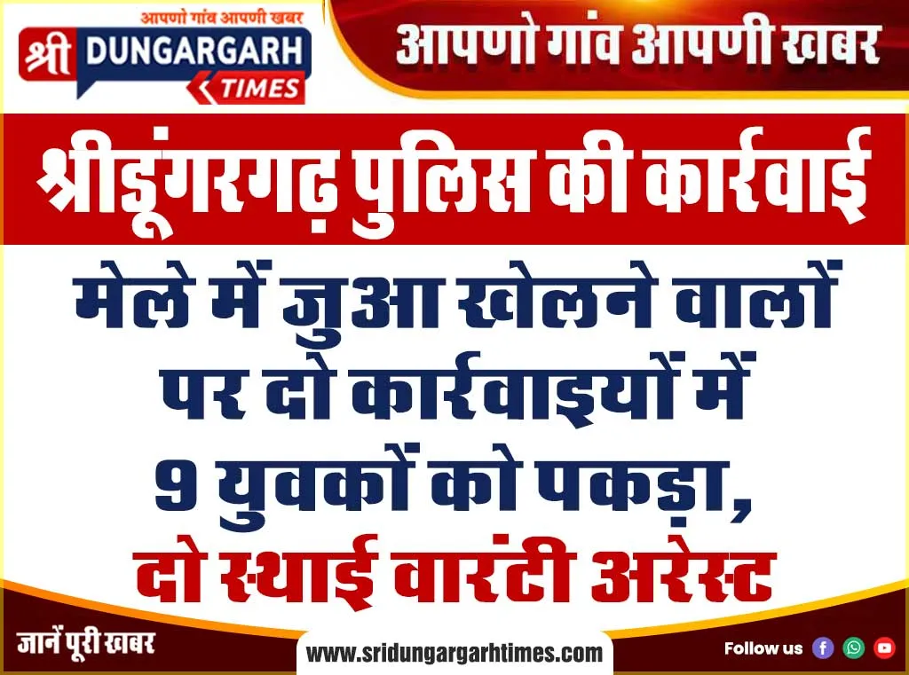 मेले में जुआ खेलने वालों पर दो कार्रवाइयों में 9 युवकों को पकड़ा, दो स्थाई वारंटी अरेस्ट