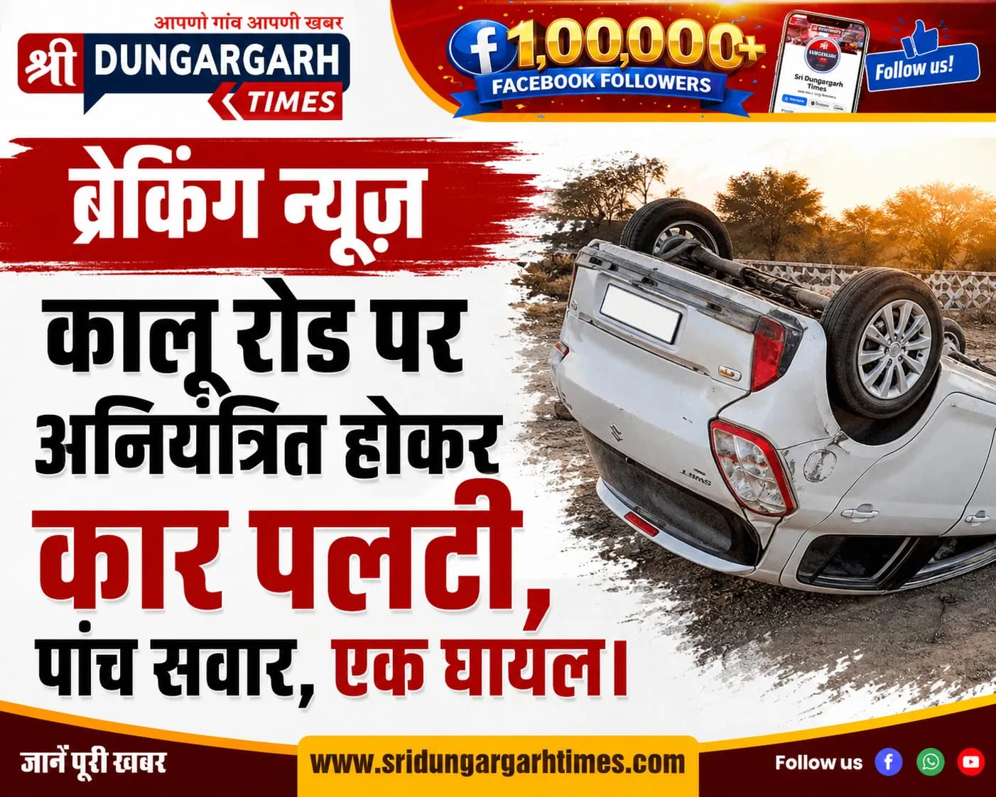 कालू रोड पर अनियंत्रित होकर कार पलटी, पांच सवार, एक घायल।