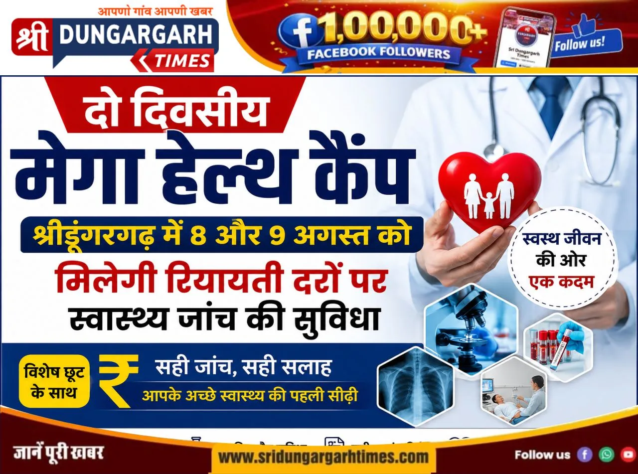 दो दिवसीय मेगा हेल्थ कैंप: श्रीडूंगरगढ़ में 8 और 9 अगस्त को मिलेगी रियायती दरों पर स्वास्थ्य जांच की सुविधा
