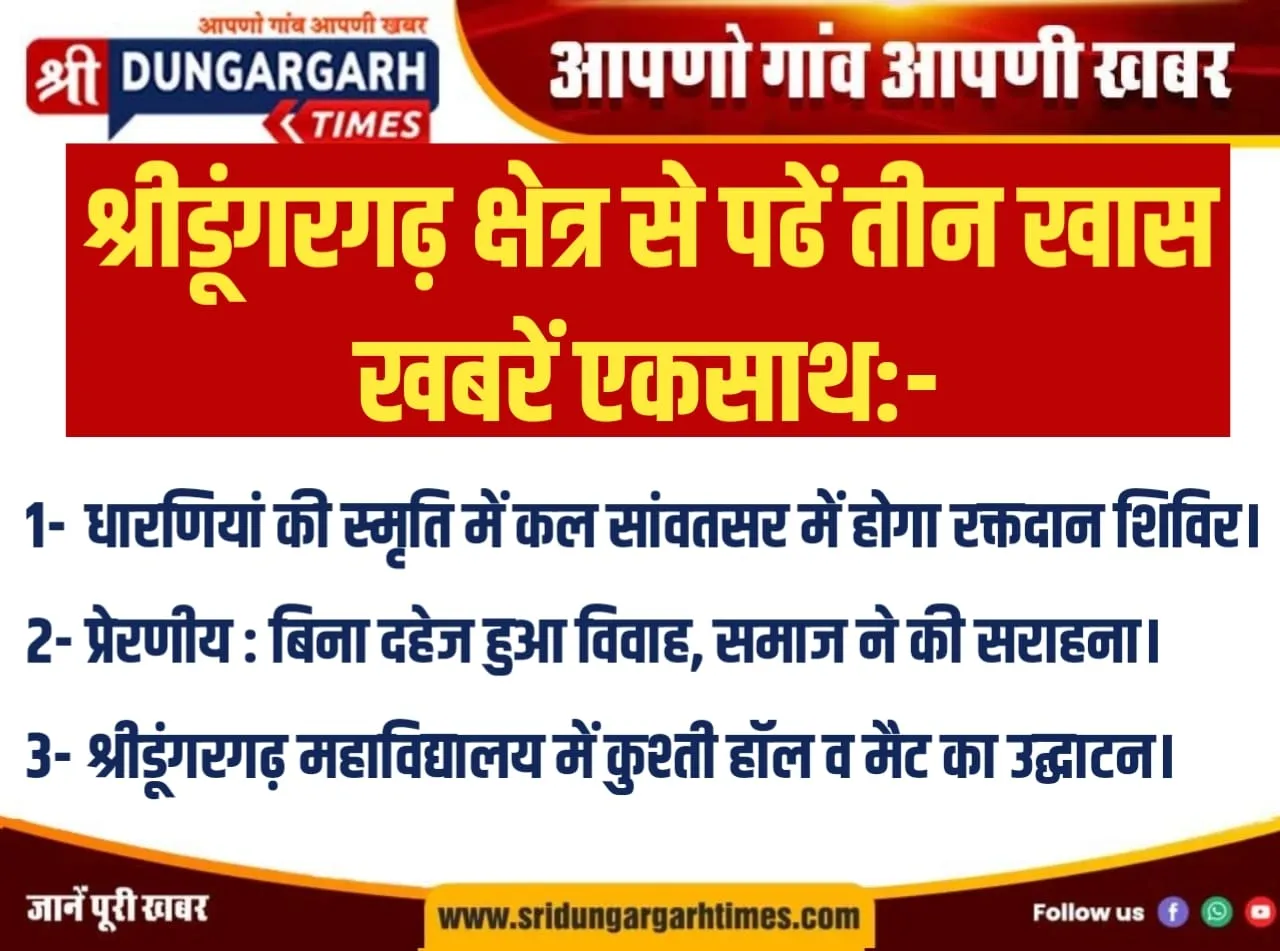 श्रीडूंगरगढ़ क्षेत्र से पढें तीन खास खबरें एकसाथ:-