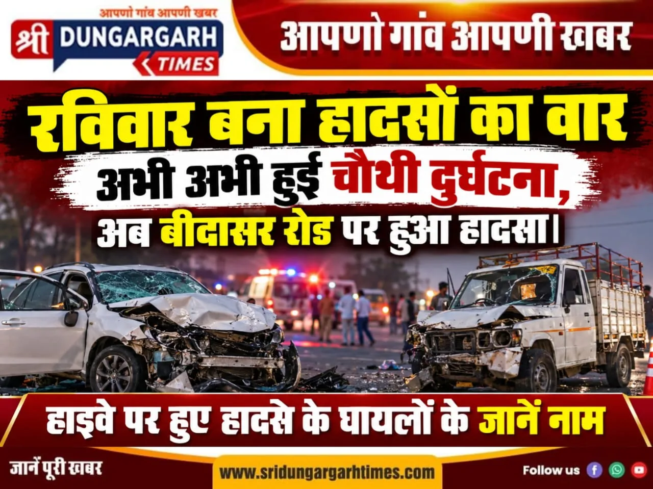 रविवार बना हादसों का वार, हुई चौथी दुर्घटना, अब बीदासर रोड पर हुआ हादसा, हाइवे पर हुए हादसे के घायलों के जानें नाम