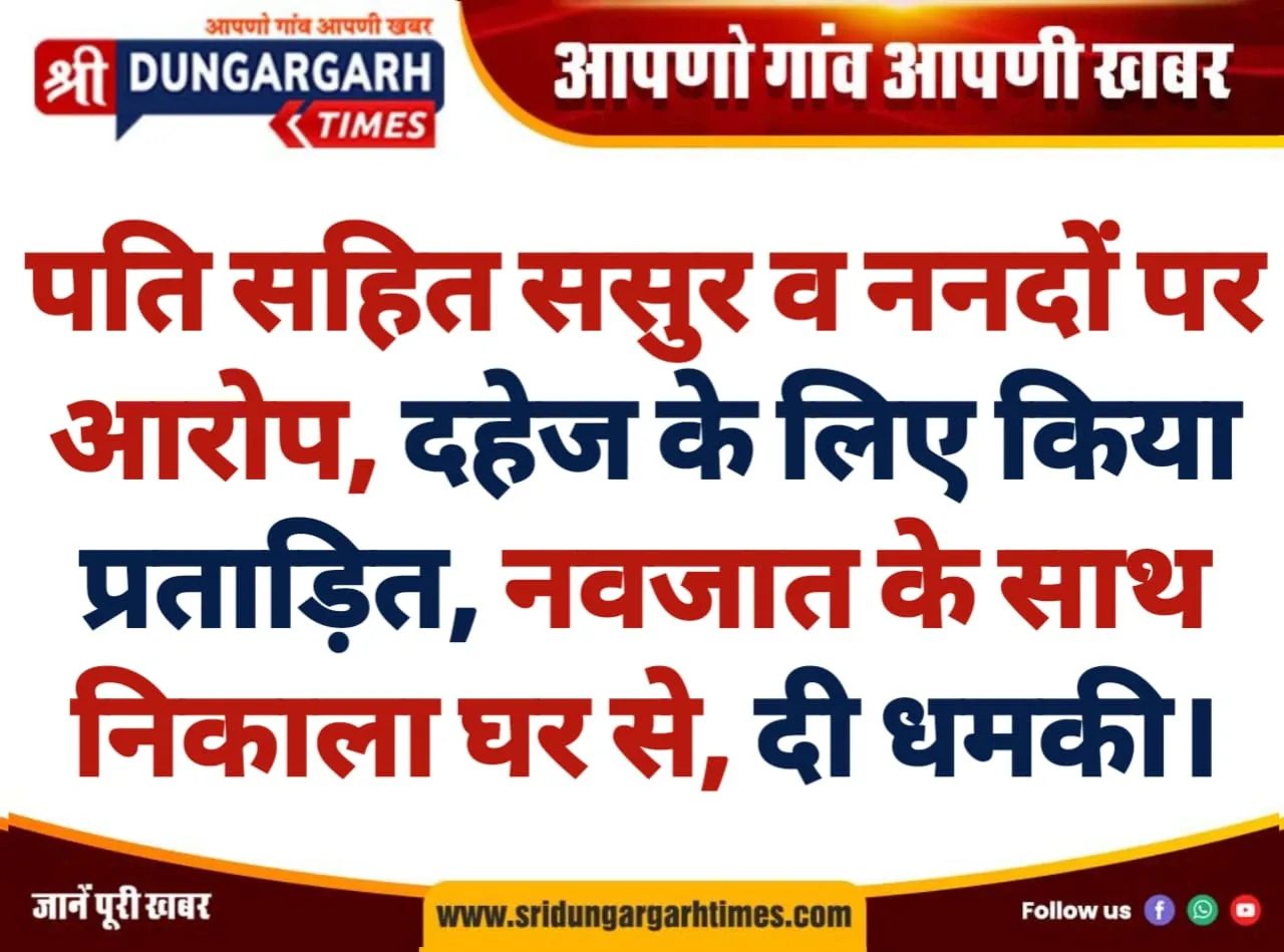 पति सहित ससुर व ननदों पर आरोप, दहेज के किया प्रताड़ित, नवजात के साथ निकाला घर से, दी धमकी।