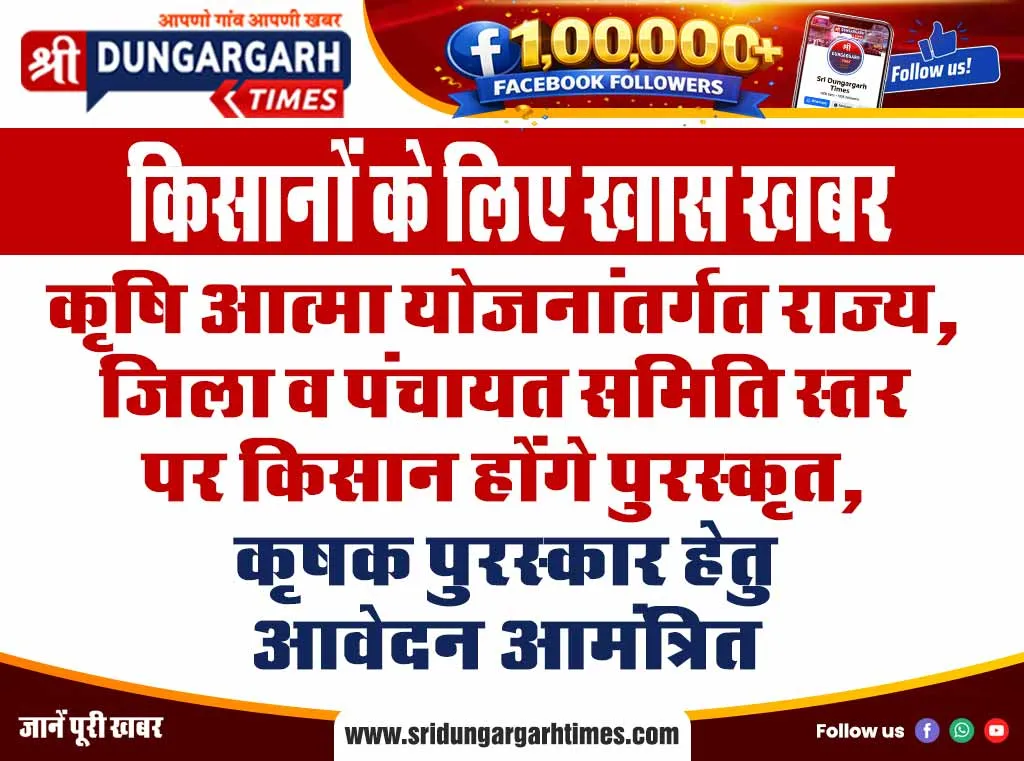 कृषि आत्मा योजनांतर्गत राज्य, जिला व पंचायत समिति स्तर पर किसान होंगे पुरस्कृत, कृषक पुरस्कार हेतु आवेदन आमंत्रित