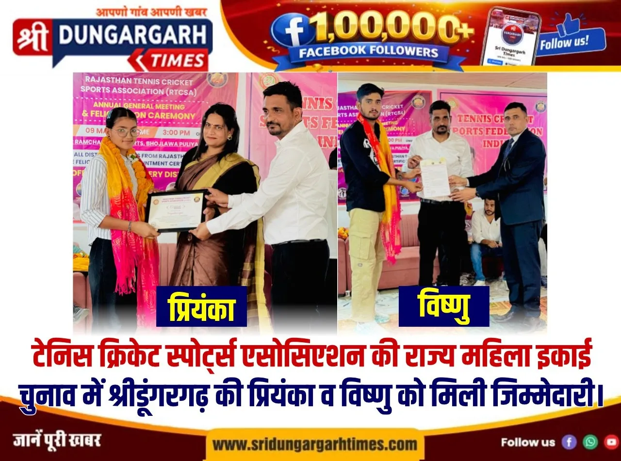 टेनिस क्रिकेट स्पोर्ट्स एसोसिएशन की राज्य महिला इकाई चुनाव में श्रीडूंगरगढ़ की प्रियंका व विष्णु को मिली जिम्मेदारी।