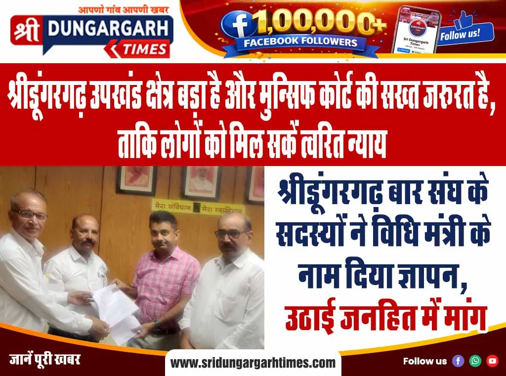श्रीडूंगरगढ़ बार संघ के सदस्यों ने विधि मंत्री के नाम दिया ज्ञापन, उठाई जनहित में मांग
