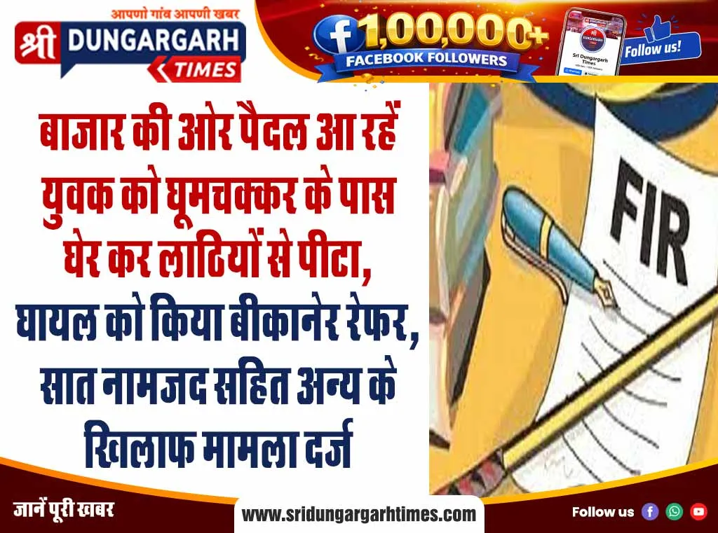 बाजार की ओर पैदल आ रहें युवक को घूमचक्कर के पास घेर कर लाठियों से पीटा, घायल को किया बीकानेर रेफर, सात नामजद सहित अन्य के खिलाफ मामला दर्ज