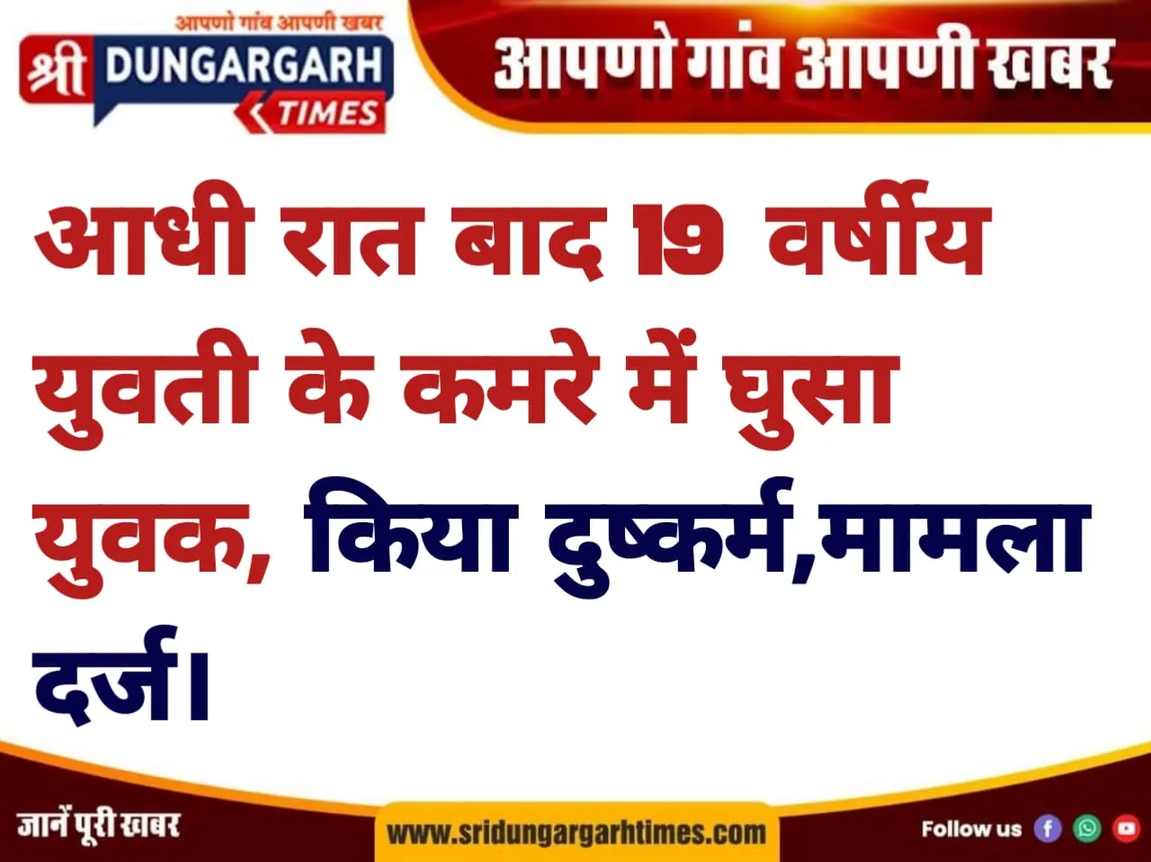 आधी रात बाद 19 वर्षीय युवती के कमरे में घुसा युवक, किया दुष्कर्म, मामला दर्ज।