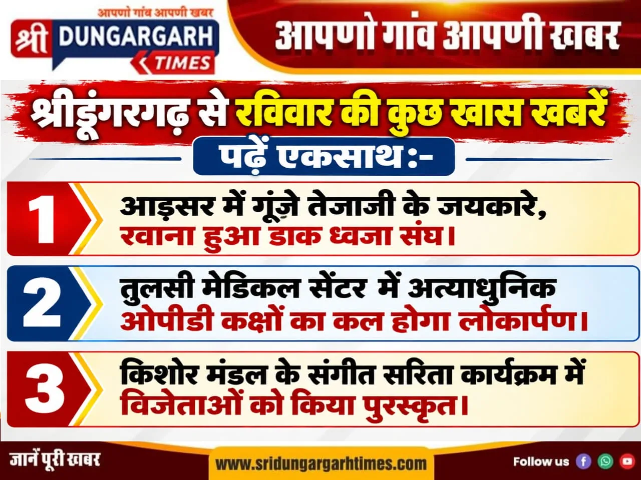 श्रीडूंगरगढ़ क्षेत्र से पढें रविवार की कुछ खास खबरें एकसाथ:-