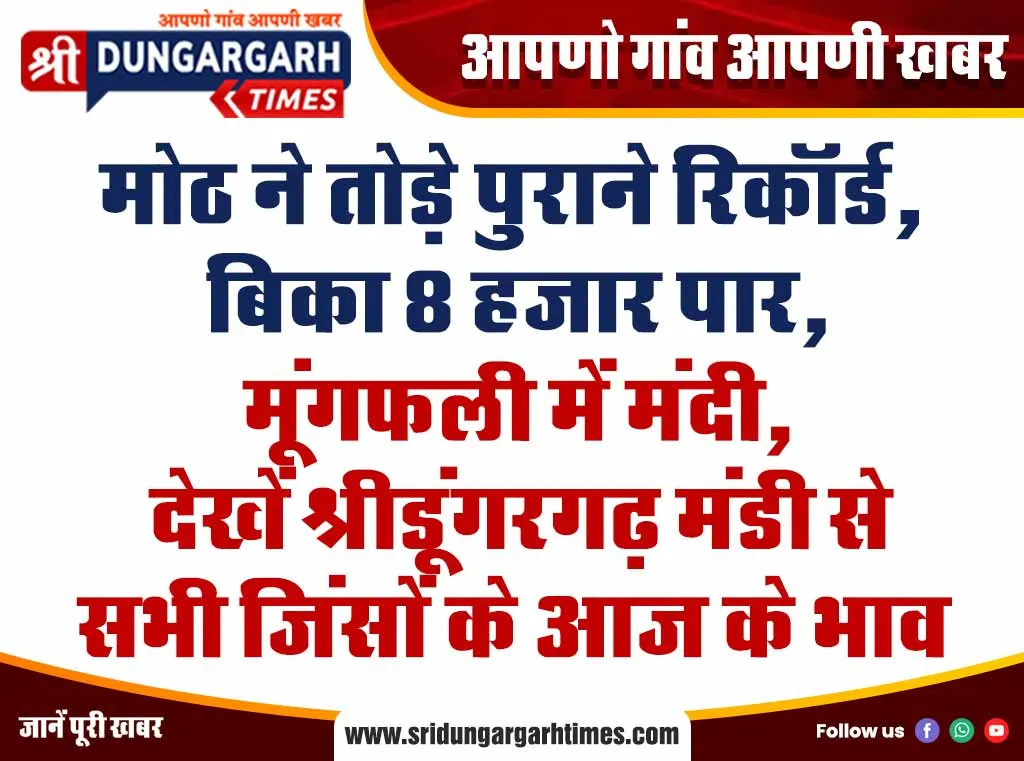 मोठ ने तोड़े पुराने रिकॉर्ड, बिका 8 हजार पार, मूंगफली में मंदी, देखें श्रीडूंगरगढ़ मंडी से सभी जिंसों के आज के भाव