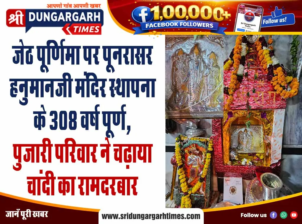 जेठ पूर्णिमा पर पूनरासर हनुमानजी मंदिर स्थापना के 308 वर्ष पूर्ण, पुजारी परिवार ने चढ़ाया चांदी का रामदरबार