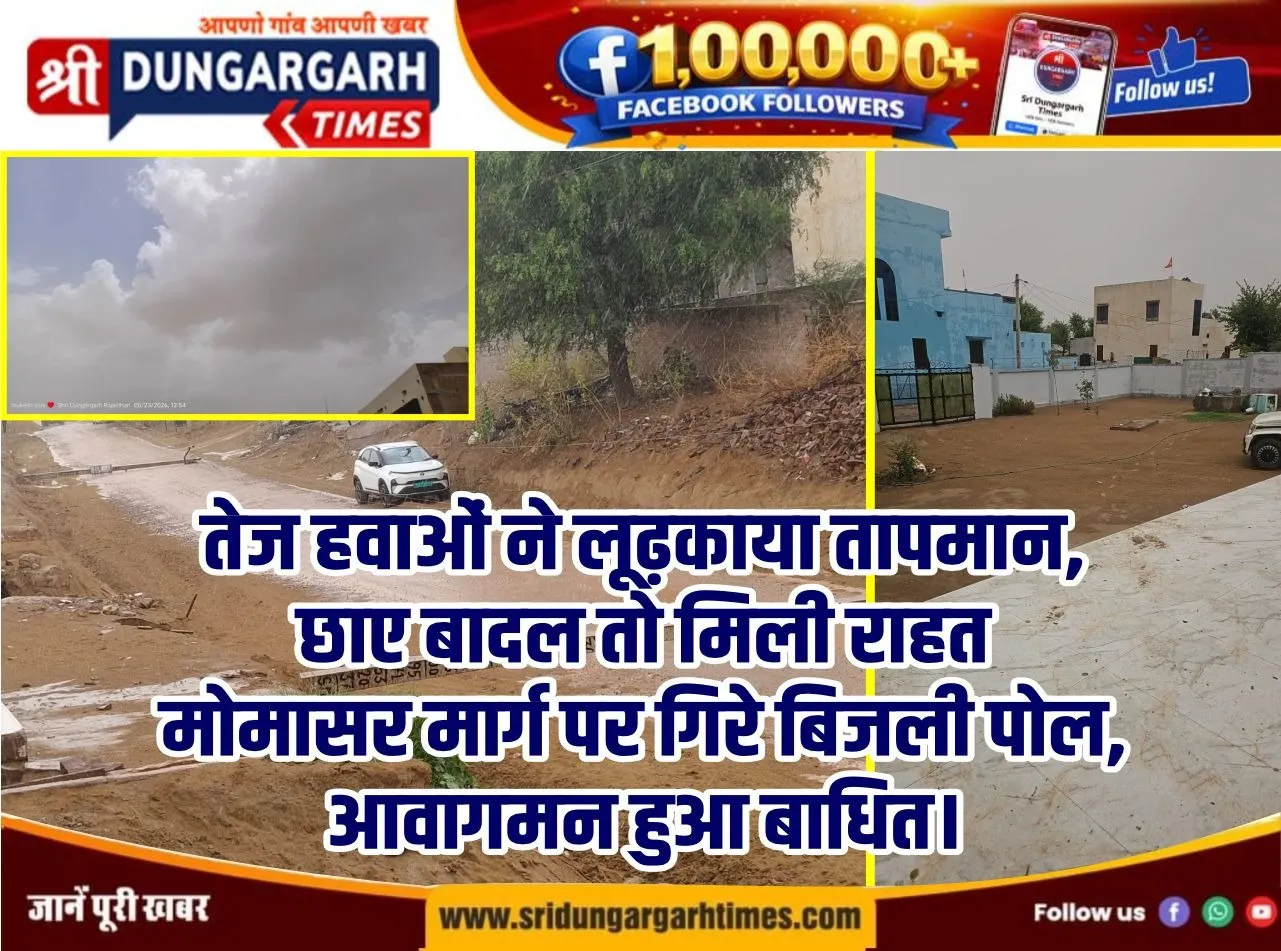 मोमासर मार्ग पर गिरे बिजली पोल, कई घंटे आवागमन रहा बाधित।